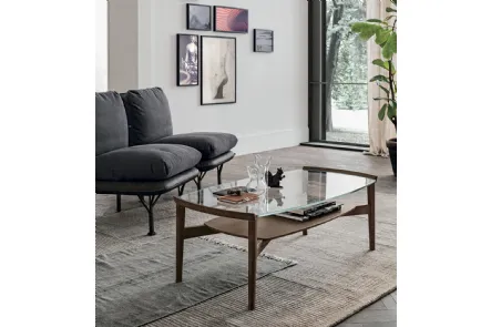 Tavolino in vetro Bloom con struttura in rovere carbone e top in vetro di Tomasella