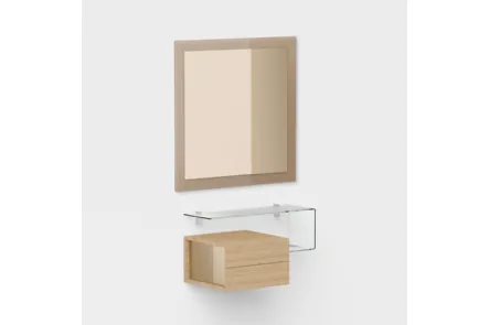 Specchio da parete con cornice in vetro trasparente bronzo abbinato allo stesso tono dello specchio con mensola in vetro e piccolo contenitore in laminato Due di Pezzani