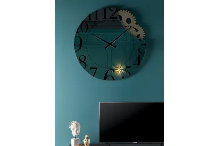 Orologio Memphis in vetro serigrafato specchiato con ingranaggi di Tonin Casa