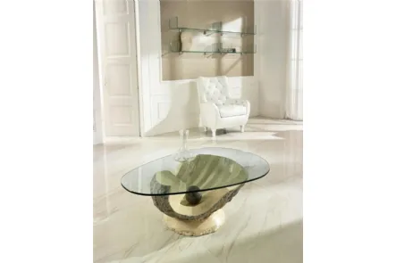 Tavolino Venere con basamento in pietra fossile a forma di conchiglia e top in vetro di Stones