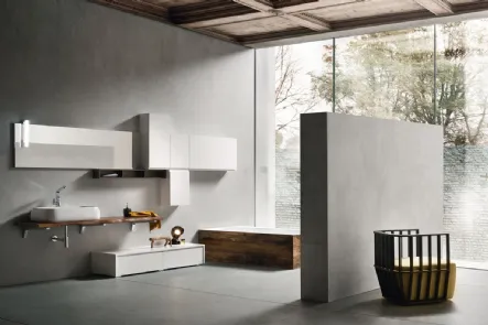 Mobile da Bagno sospeso in legno con pensili e mobile a terra in laccato bianco lucido con lavabo in ceramica JACANA LUXURY JA32 di Compab