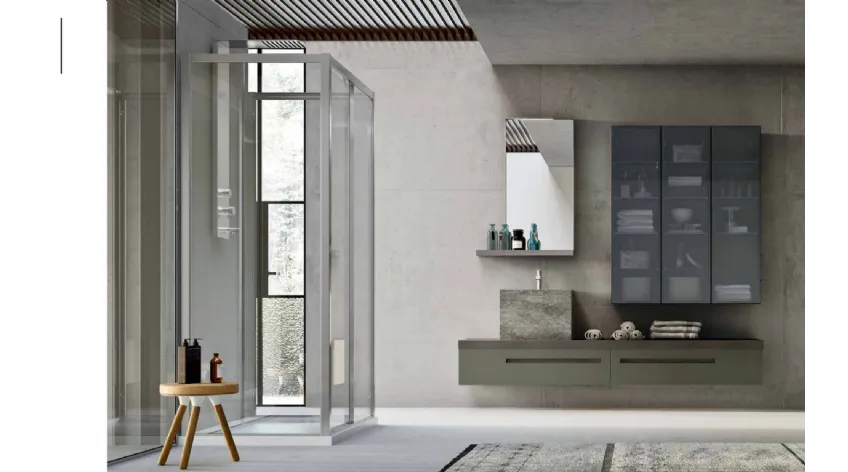 Mobile da Bagno in laccato Roccia opaco e Rovere Fumè con lavabo monolite in gres Start Gate 05 di Ardeco