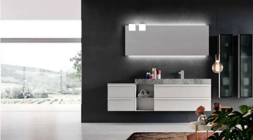 Mobile da Bagno sospeso in laccato Bianco opaco con top in HPL effetto Pietra Start Line 08 di Ardeco