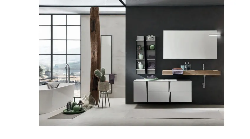 Mobile da Bagno in laccato opaco con top integrato in HPL effetto legno Wector 01 di Ardeco