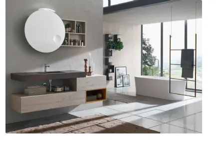 Mobile da Bagno sospeso in melaminico Nodato Bianco con top integrato in HPL effetto ruggine Wind 46 di Ardeco