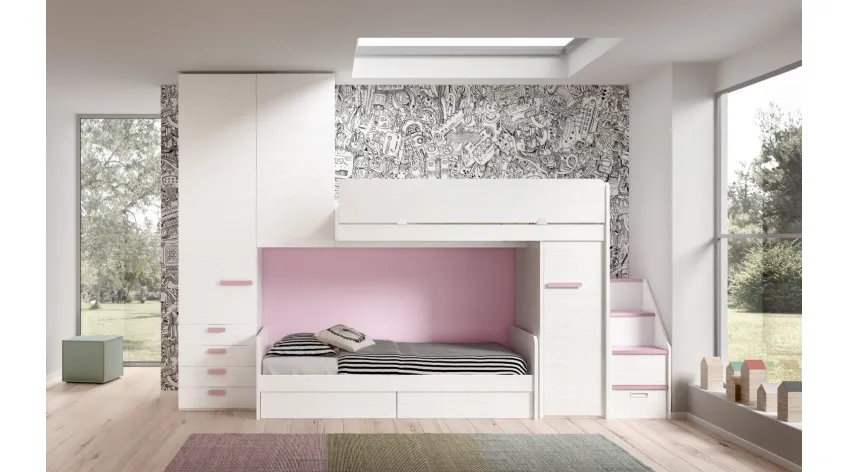 Camera finitura Bianco e Rosa con soppalco Room171 di Zg Mobili