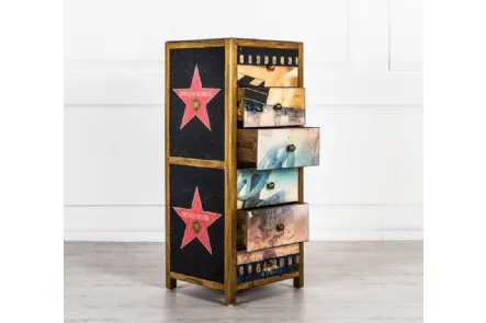 Cassettiera Hollywood in legno massello con 5 cassetti decorati di Stones