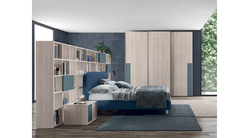 Letto in ecopelle Blu Oceano con testiera Golf Reverso di Colombini Casa