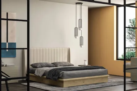 Letto Essential in legno di rovere con testiera in tessuto imbottito di Fratelli Mirandola