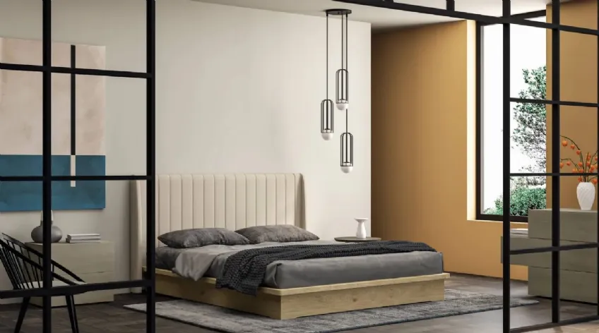 Letto Essential in legno di rovere con testiera in tessuto imbottito di Fratelli Mirandola