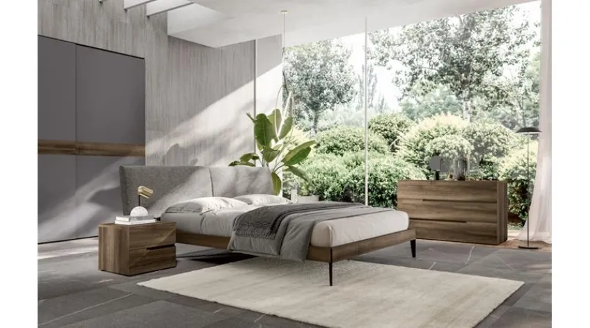 Letto moderno in nobilitato finitura essenza legno con testiera in tessuto imbottito Siro di Villanova