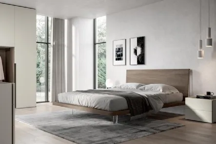 Letto dal design moderno semplice e lineare con testiera in nobilitato essenza Olmo juta e piedini trasparenti Zeo di Villanova