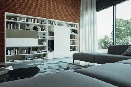 Libreria a muro Modo M6C95 in laccato opaco con anta in vetro lucido di Sangiacomo