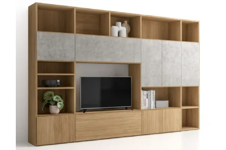 Libreria PTG321 in finitura Matwood Honey effetto legno e materico cemento di SantaLucia
