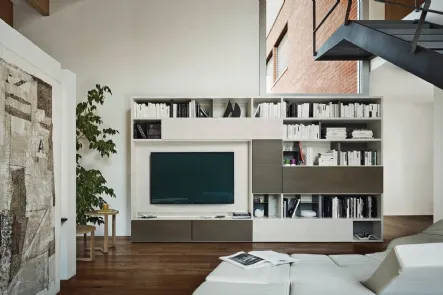 Libreria con vano porta TV Modo M6C73 in laccato opaco e materico Loto natura di Sangiacomo