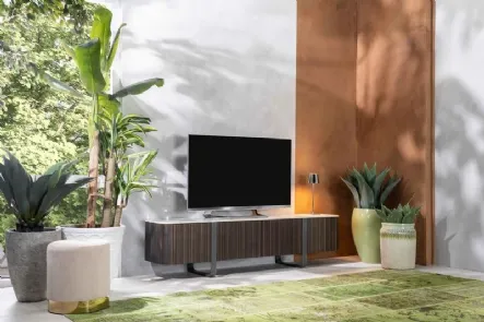 Mobile Porta Tv Andromeda in MDF impiallacciato finitura ebano con top in ceramica marmo calacatta oro di Stones