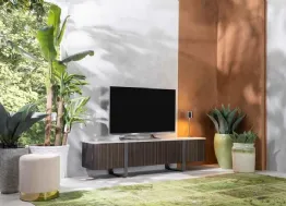 Mobile Porta Tv Andromeda in MDF impiallacciato finitura ebano con top in ceramica marmo calacatta oro di Stones