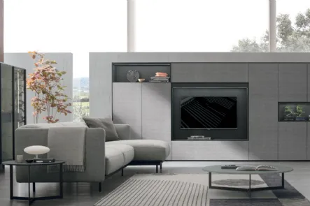 Parete Attrezzata Atlante UNIT AT202 in materico paglia grigio, materico rovere carbone e rovere carbone canettè di Tomasella