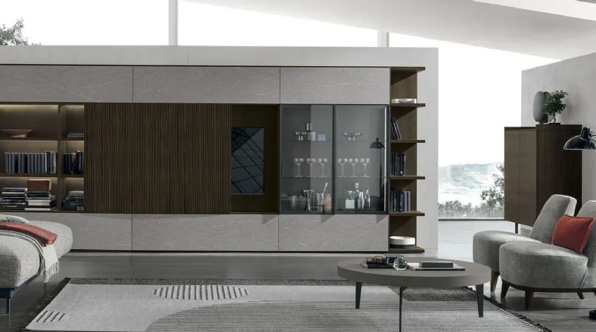 Parete Attrezzata Atlante UNIT AT211 in materico rovere moka, legno rovere moka canettè e materico piasentina scuro di Tomasella