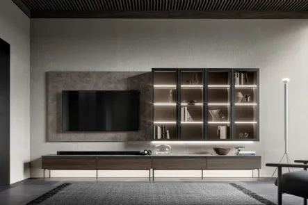Parete Attrezzata GS301 in melaminico effetto marmo e legno con ante in vetro di SantaLucia