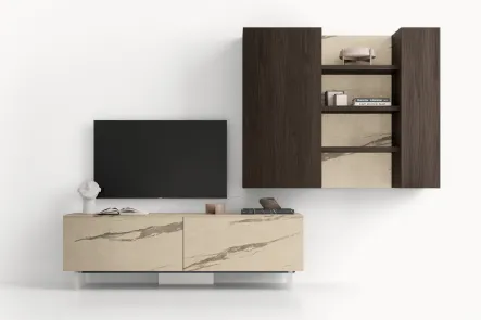 Parete Attrezzata GS302 in melaminico finiture effetto marmo e legno di SantaLucia