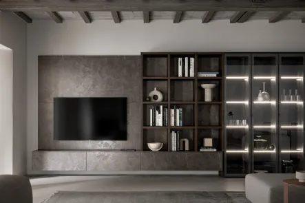 Parete Attrezzata GS308 in melaminico effetto marmo grafite con ante in vetro di SantaLucia