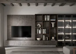 Parete Attrezzata GS308 in melaminico effetto marmo grafite con ante in vetro di SantaLucia