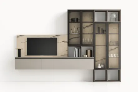 Parete Attrezzata GS309 in laccato opaco con boiserie effetto marmo e ante in vetro di SantaLucia