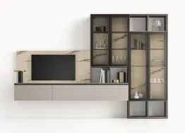 Parete Attrezzata GS309 in laccato opaco con boiserie effetto marmo e ante in vetro di SantaLucia