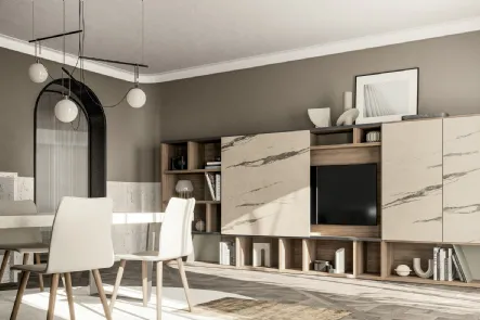 Parete Attrezzata GS310 in finitura matwood coffee e effetto marmo statuario di SantaLucia