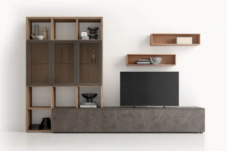 Parete Attrezzata GS313 in melaminico finitura effetto marmo e legno di SantaLucia