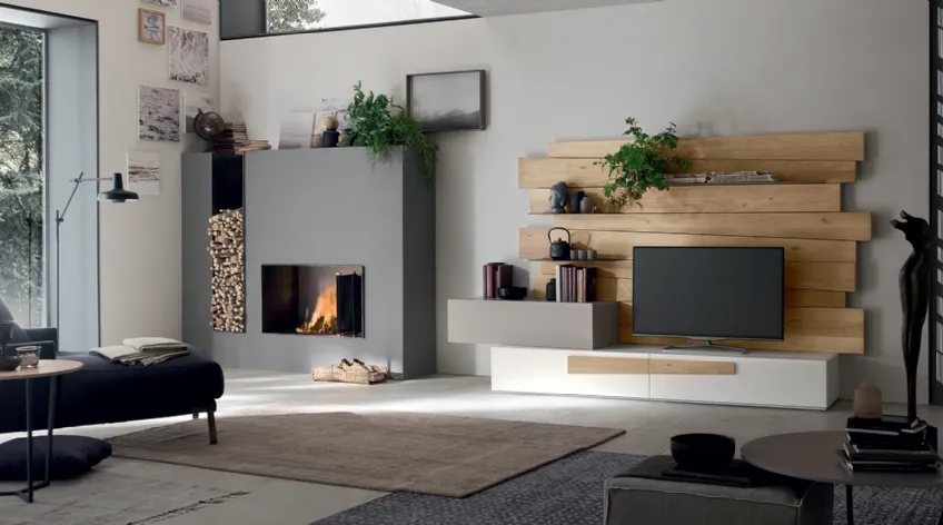 Parete Attrezzata SC1001 in Rovere Naturale e laccato opaco con mensole metal grey di Maronese Acf