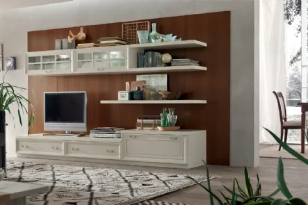 Parete Attrezzata MU454 con Boiserie Noce e finitura mobile Panna di Maronese Acf