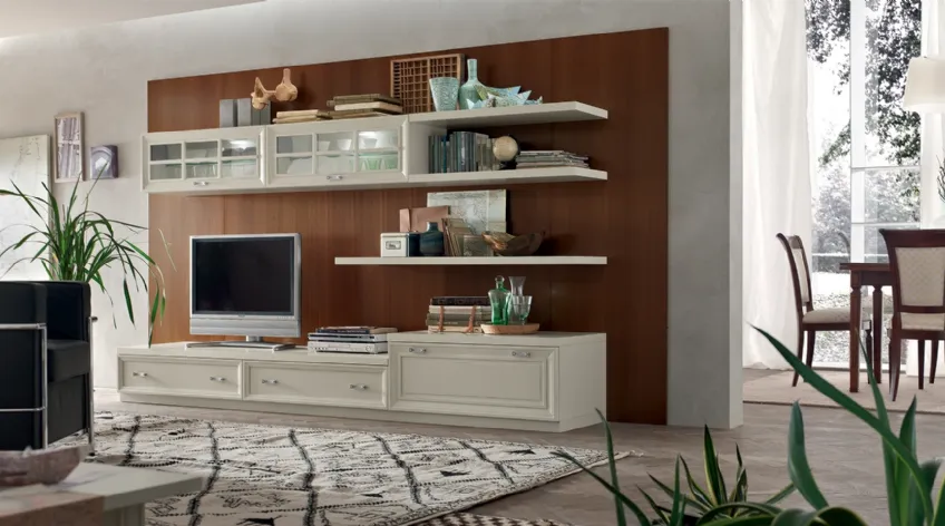 Parete Attrezzata MU454 con Boiserie Noce e finitura mobile Panna di Maronese Acf