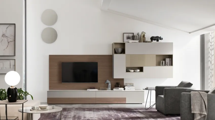 Parete Attrezzata Seta SA2207 in melaminico Rovere Avena e laccato opaco di Maronese Acf