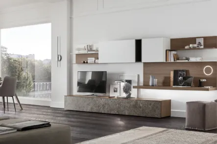 Parete Attrezzata Seta SA2230 in melaminico marmo Ash Stone, Rovere, Avena, Bianco e laccato opaco Ferro di Maronese Acf