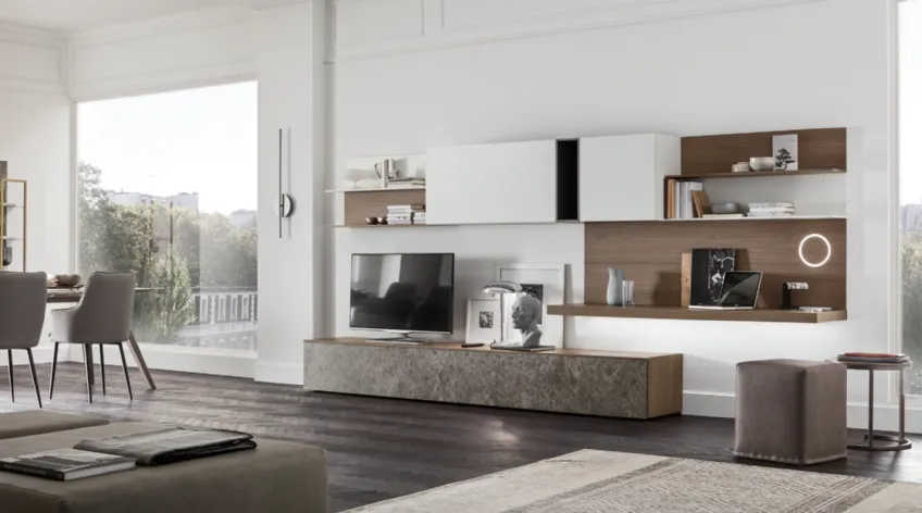 Parete Attrezzata Seta SA2230 in melaminico marmo Ash Stone, Rovere, Avena, Bianco e laccato opaco Ferro di Maronese Acf