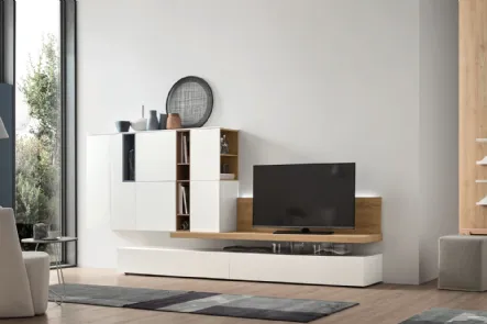 Parete Attrezzata Seta Unix SU2104 in melaminico Rovere nodato, Bianco e laccato opaco Cotto, Ceruleo di Maronese Acf