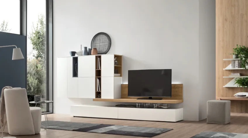 Parete Attrezzata Seta Unix SU2104 in melaminico Rovere nodato, Bianco e laccato opaco Cotto, Ceruleo di Maronese Acf