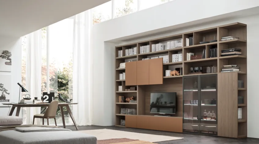 Parete Attrezzata Spalla SA2204 in melaminico Rovere Avena e laccato opaco Cotto di Maronese Acf