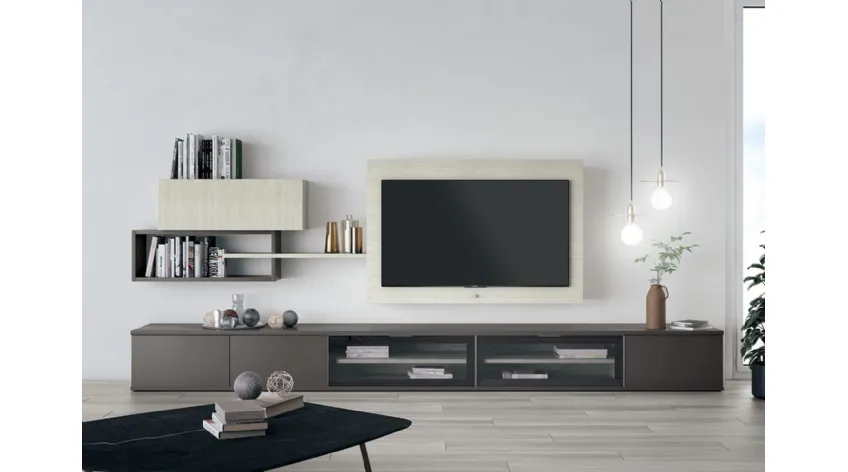 Parete Attrezzata Volo S304 in mealminico Grigio Titanio e Rovere Gesso di Colombini Casa