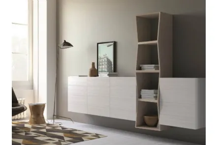 Mobile sospeso con libreria Unikawood 25 in legno laccato bianco e sabbia di Fratelli Mirandola