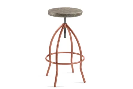 Sgabello Vitone 02 con struttura in tubo di acciaio verniciato e alzata regolabile a vite, seduta in legno di rovere imbottito in pelle Julia di Arredo Cuoio