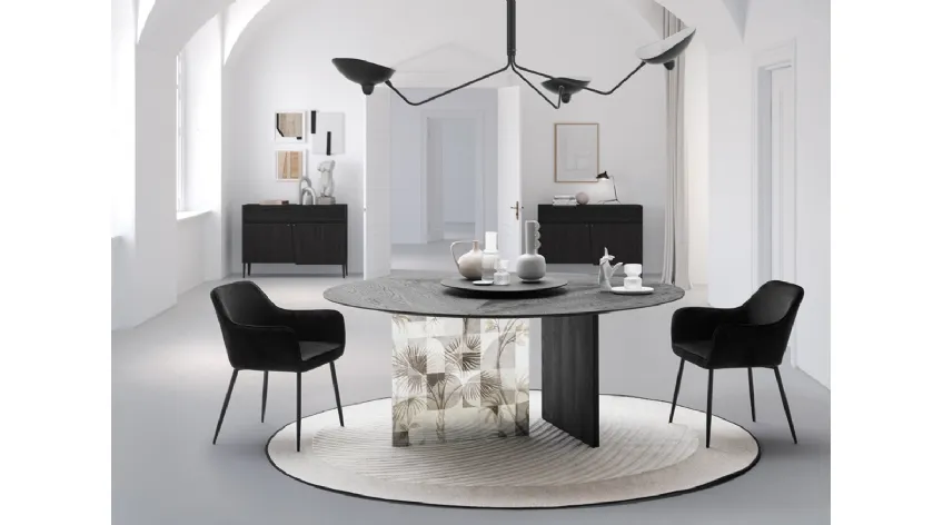 Tavolo Manhattan Slice con piano in Rovere e base in vetro con decoro e legno di Devina Nais