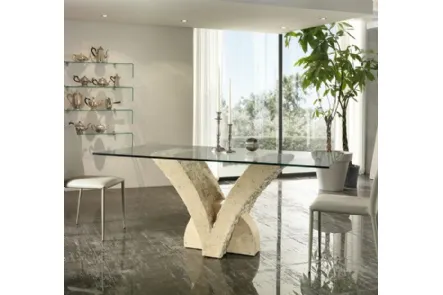 Tavolo con piano in vetro fisso e basamento di design Papillon di Stones