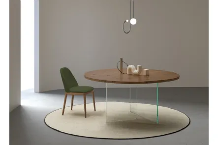 Tavolo Smart Rotondo con piano in legno e base in vetro trasparente di Devina Nais