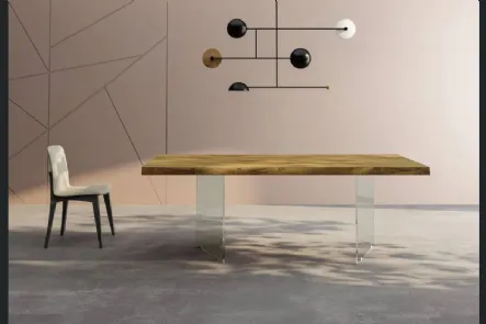 Tavolo Milos di Fratelli Mirandola con piano in legno di rovere con base in vetro di Fratelli Mirandola