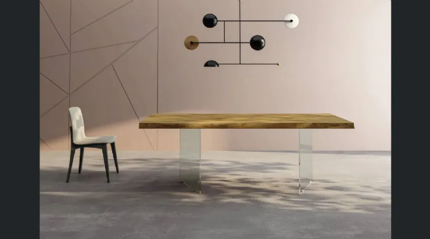 Tavolo Milos di Fratelli Mirandola con piano in legno di rovere con base in vetro di Fratelli Mirandola
