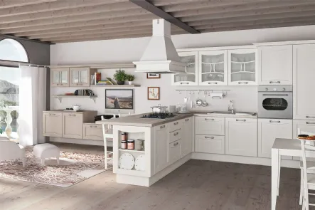 Cucina Classica angolare con penisola Aurea in Frassino laccato Bianco di Creo