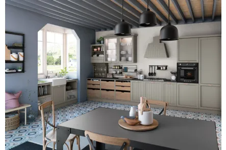 Cucina Classica angolare Contempo in Frassino Argilla e laccato opaco Argilla con cestoni in massello di Frassino di Creo
